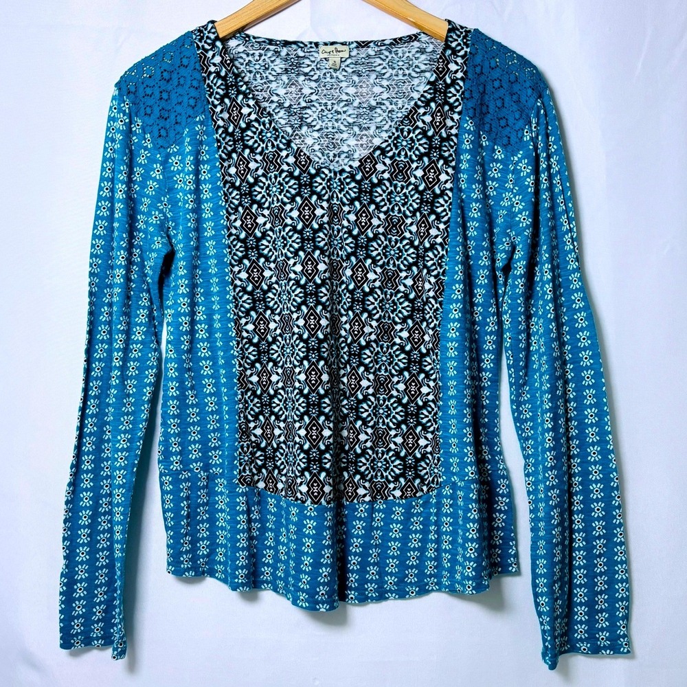 Chip & Pepper Mixed Print Top Women Size S Blue Lace Accent V-Neck Long Sleeve - Picture 2 of 5